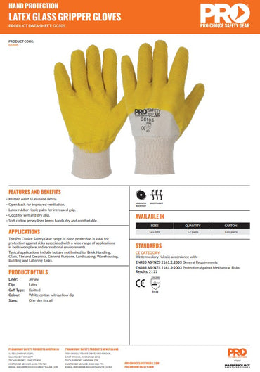 Pro Choice Glass Gripper Gloves one size Large - 12 pairs