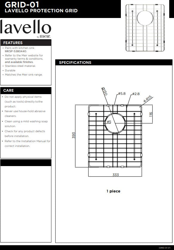 Meir Lavello Protection Grid for Kitchen Sink MKSP-S380440 - 3 Colour Finishes