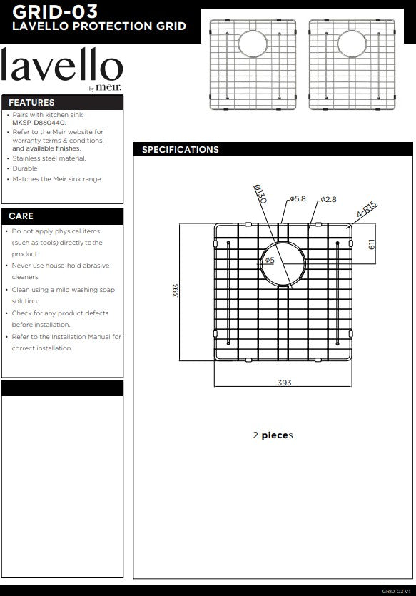 Meir Lavello 2 Piece Protection Grid for Kitchen Sink MKSP-D860440 - 3 Colour Finishes