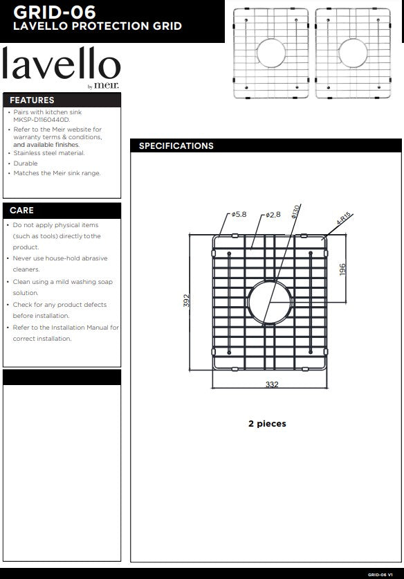 Meir Lavello 2 Piece Protection Grid for Kitchen Sink MKSP-D1160440D - 3 Colour Finishes