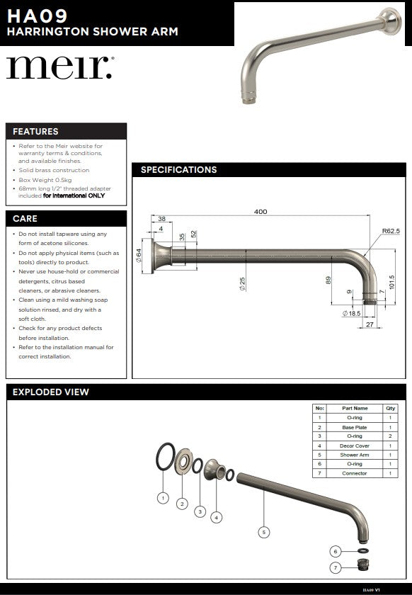 Meir Harrington Brushed Nickel Shower Arm 400mm