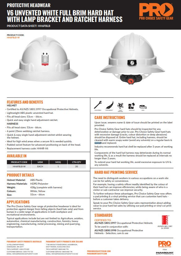 Pro Choice Hard Hat with Lamp Bracket - Full or Peak Brim - Vented and Unvented