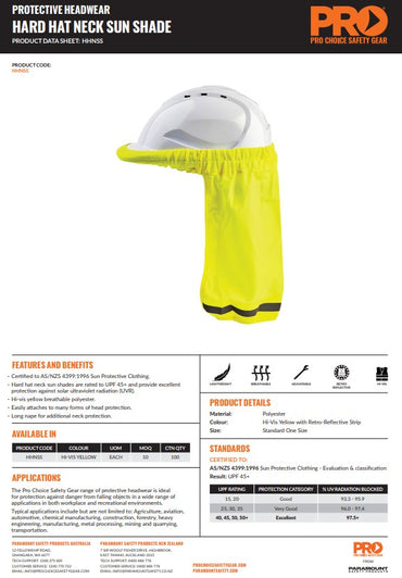 Pro Choice Hard Hat Neck Sun Shade Fluro Yellow - Pack of 10
