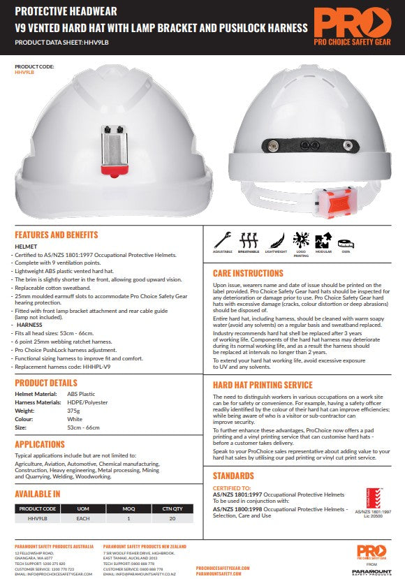 Pro Choice Hard Hat with Lamp Bracket - Full or Peak Brim - Vented and Unvented