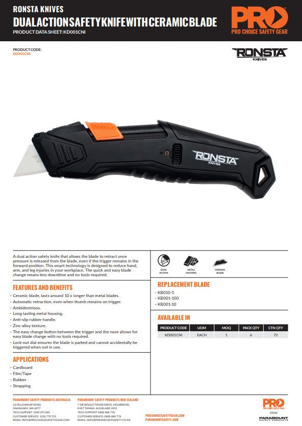 Ronsta Dual Action Safety Knife With Ceramic Blade - pack of 6