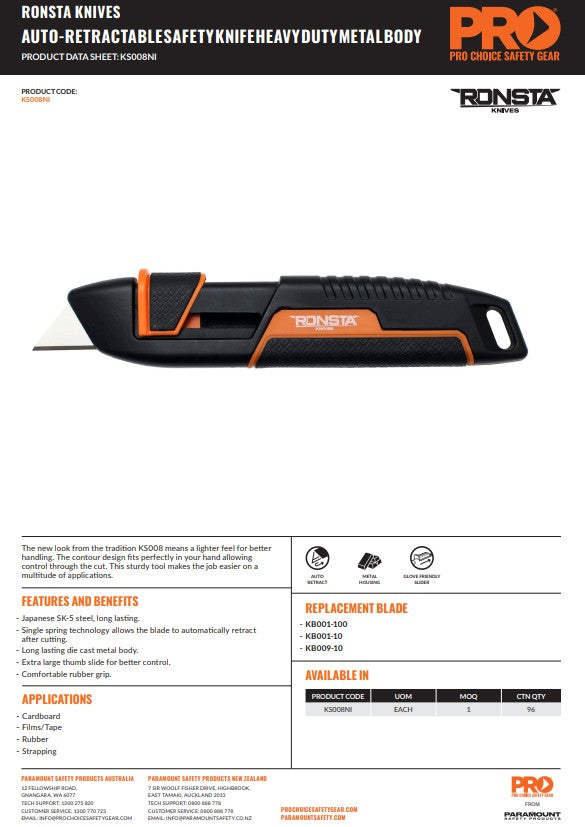 Ronsta Auto-Retractable Safety Knife Heavy Duty Metal Body