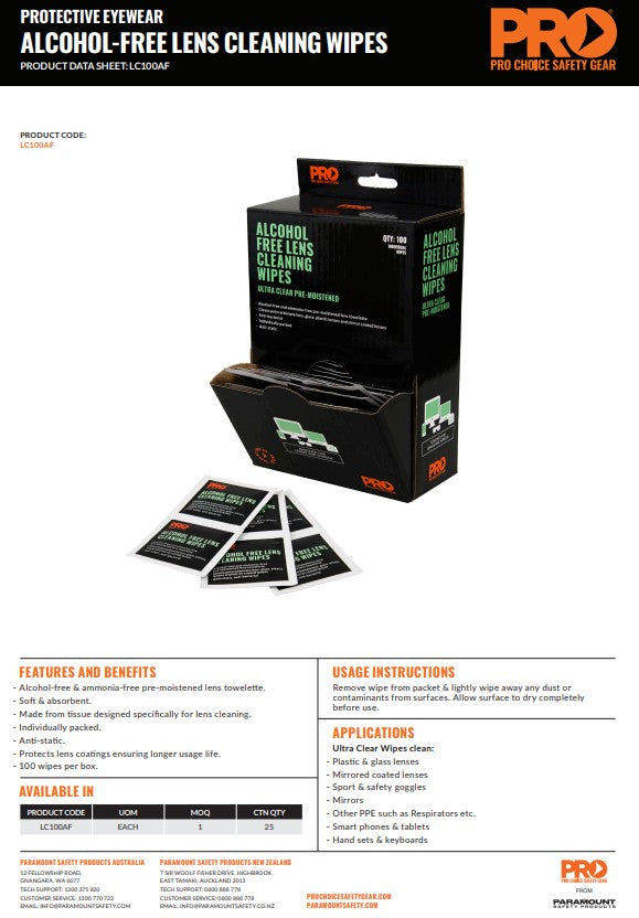 Pro Choice Lens Cleaning Wipes - Anti-Fog or Alcohol Free Box of 100