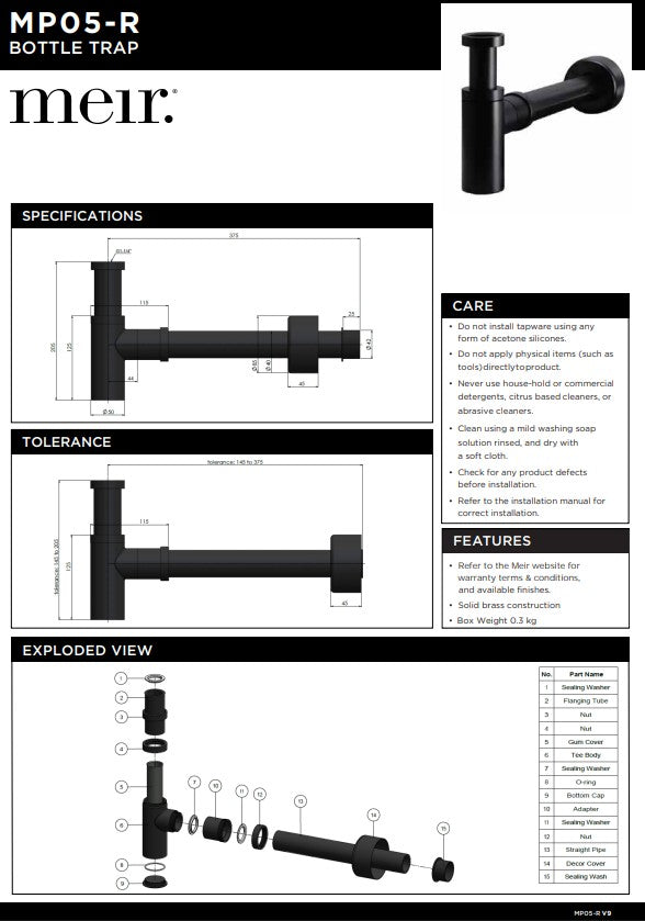Meir Round bottle trap for 32mm basin waste and 32mm waste pipe with 40mm adapter - Various Colour Finishes