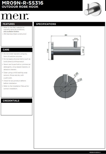 Meir Outdoor Lifestyle Robe Hook - SS316