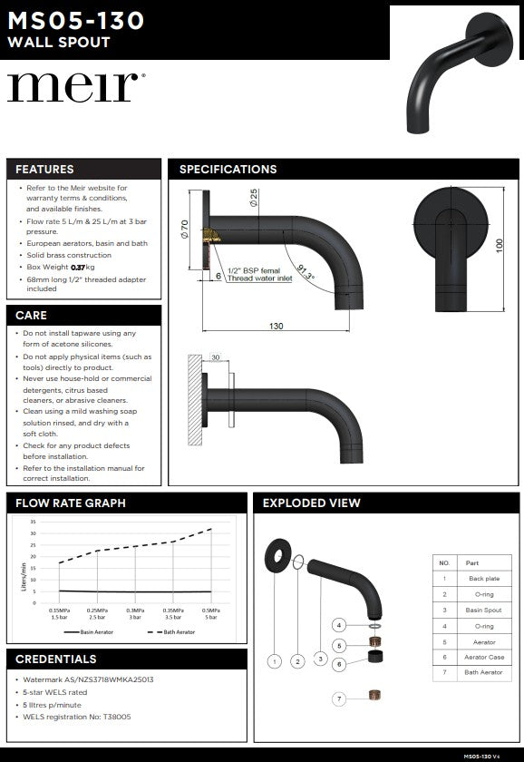 Meir Universal Round Curved Spout 130mm - Various Colour Finishes