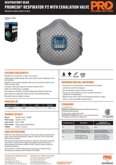 Pro Choice Dust Masks Promesh P2+Valve - 3 or 12 Box