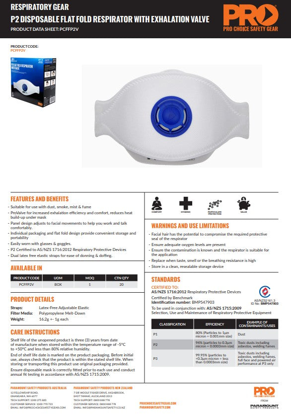 Pro Choice Dust Masks Flat Fold P2 Valve - Box of 10