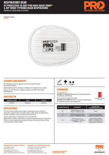 Pro Choice P2 Prefilters For Procartridges For HMTPM Mask