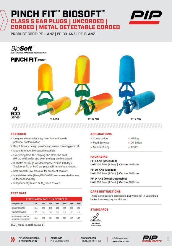 Pinch Fit BioSoft Earplugs - corded/uncorded x 100 Pairs
