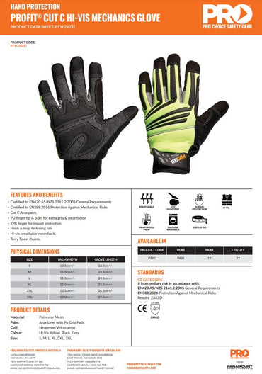 Pro Choice Profit Cut 5 Hi-Vis Mechanics Glove - 1, 6 or 12 Pairs in 6 Size Options