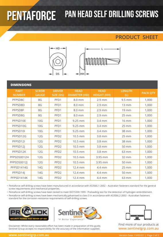 Pentaforce Pan Head Self Drilling Screw - Various Gauges, Lengths and Box Quantities