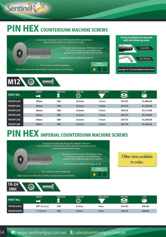 Pin Hex Countersunk 304 Stainless Steel Machine Screw Imperial Box of 100 - Made to Order in Various Lengths