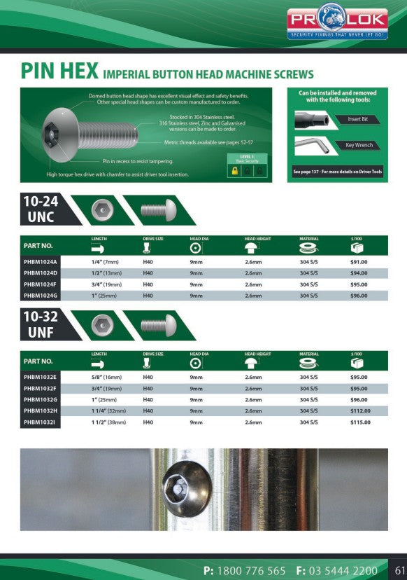 Pin Hex Insert Bit - Various Sizes