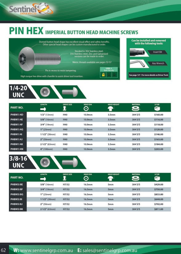 Pin Hex Key Wrench - in Various Sizes