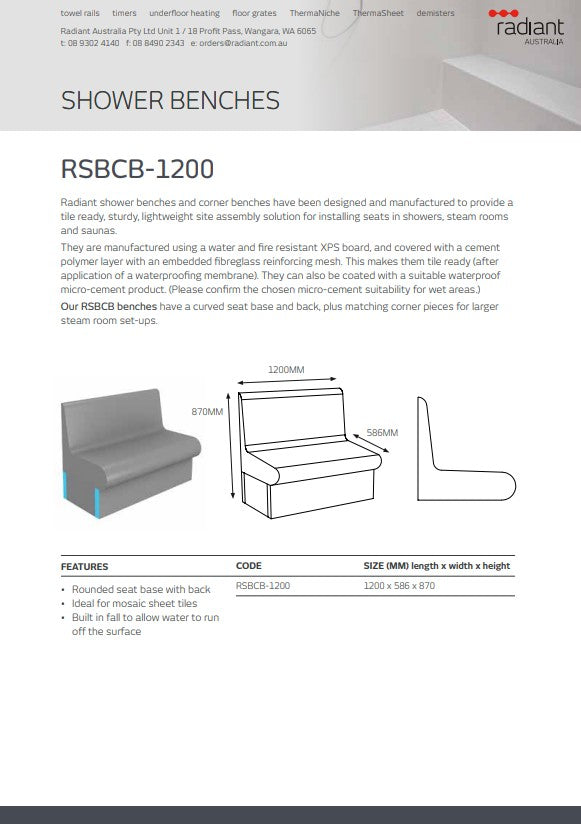 Thermasheet Curved shower seat with back 1200 x 586 x 870 mm