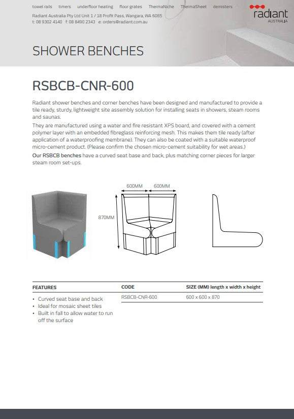 Thermasheet Curved corner shower seat with back 600 x 600 x 870 mm