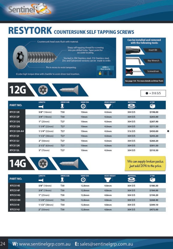 Resytork Countersunk 304 Stainless Steel Self Tapping Screw Box of 100 - in Various Sizes