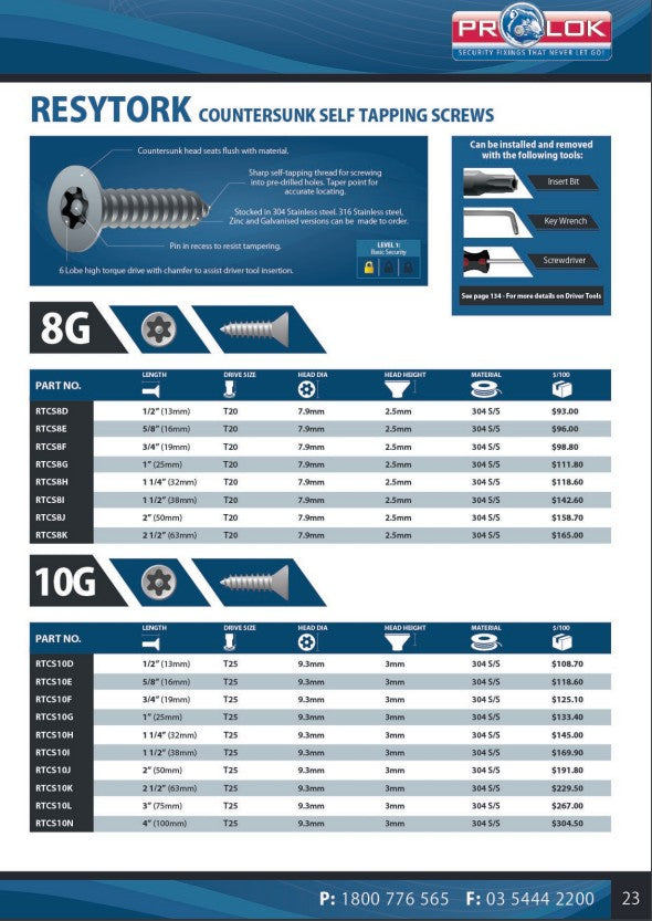 Resytork Countersunk 304 Stainless Steel Self Tapping Screw Box of 100 - in Various Sizes
