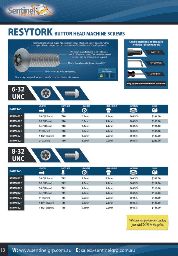 Resytork Countersunk 304 Stainless Steel Machine Screw Box of 100 - Various Imperial Sizes
