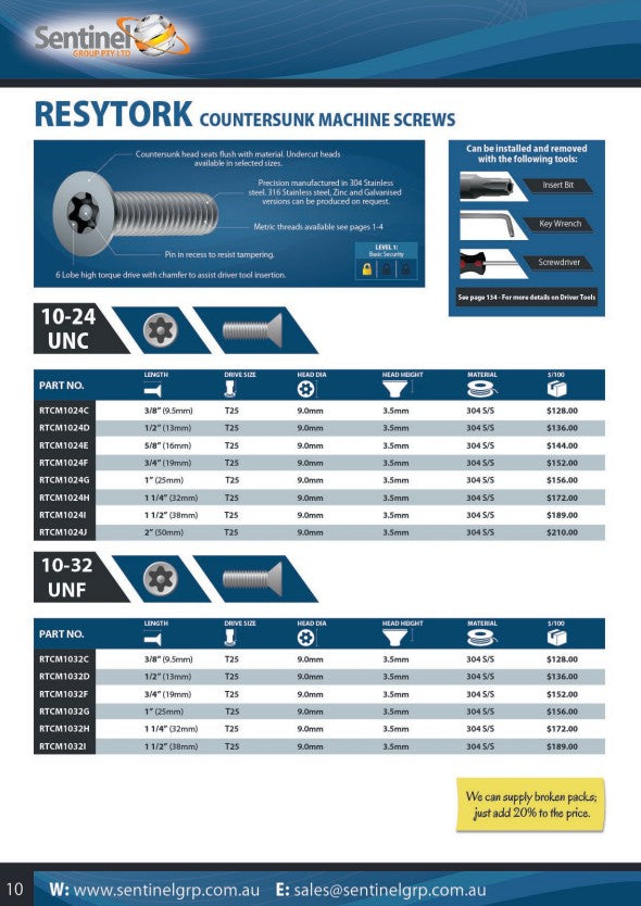 Resytork Countersunk 304 Stainless Steel Machine Screw Box of 100 - Various Imperial Sizes