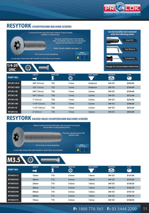 Resytork Countersunk 304 Stainless Steel Machine Screw Box of 100 - Various Imperial Sizes