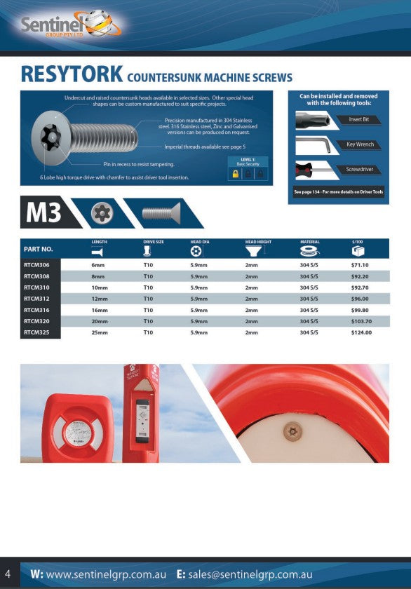 Resytork Countersunk 304 Stainless Steel Machine Screw Box of 100 - Various Metric Sizes