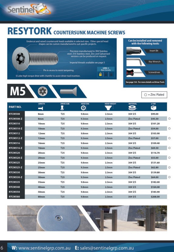 Resytork Countersunk 304 Stainless Steel Machine Screw Box of 100 - Various Metric Sizes