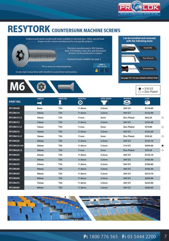Resytork Countersunk 304 Stainless Steel Machine Screw Box of 100 - Various Metric Sizes