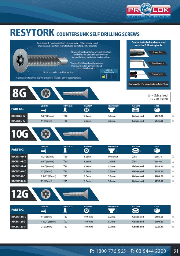 Resytork Countersunk Self Drilling Screw Box of 100 - 2 Material Options in Various Lengths