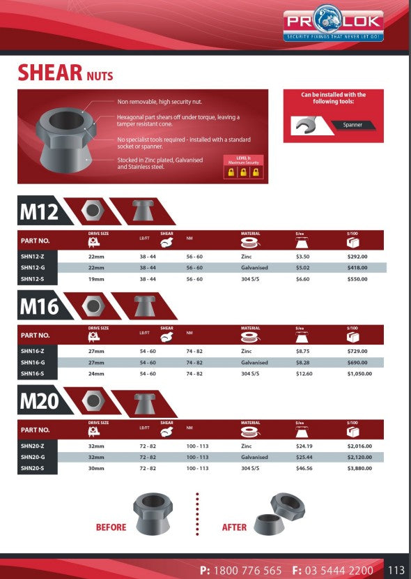 Prolok Security Shear Nut Box of 100 - 3 Material Options in Various Sizes