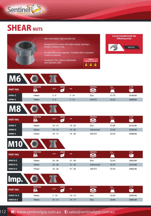 Prolok Security Shear Nut Box of 100 - 3 Material Options in Various Sizes