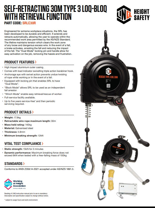 Linq Self-Retracting Type 3 Loq-Bloq with Retrieval Function - 10, 20 or 30m