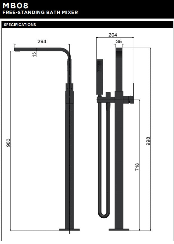 Meir Matte Black Square Freestanding Bath Spout and Hand Shower