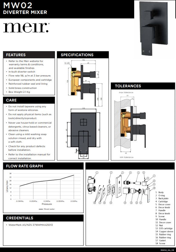 Meir Matte Black Square Wall Diverter Mixer