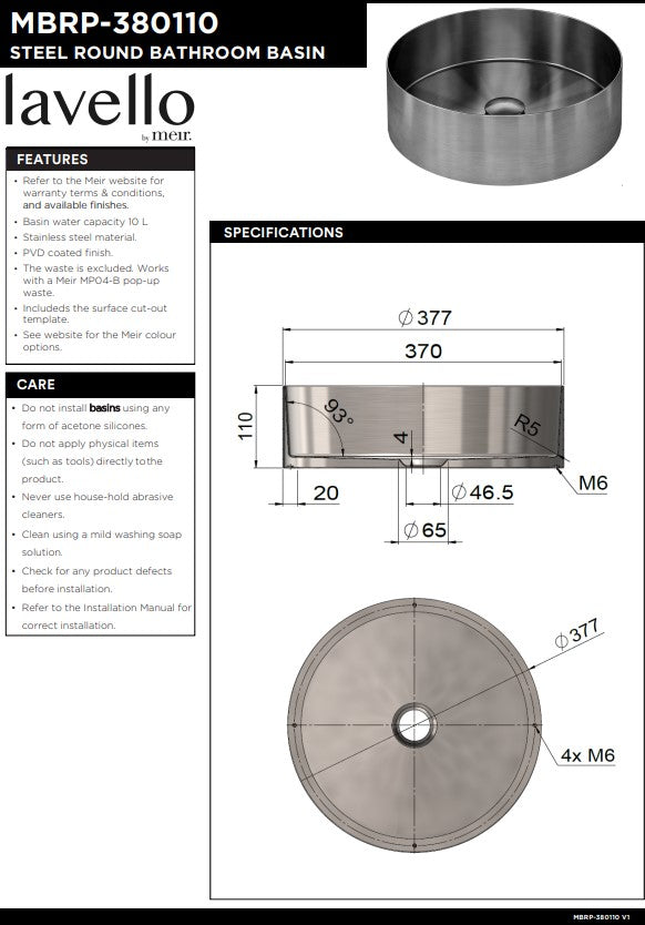 Meir Round Steel Bathroom Basin 380 X 110 - Various Colour Finishes