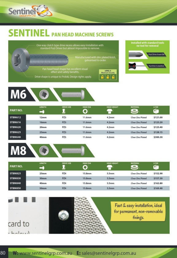 Sentinel Pan Head Zinc Machine Screws Box of 100 - in Various sizes