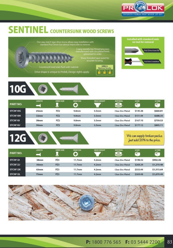 Sentinel Security Countersunk Zinc Wood Screw - Box of 200 - in Various Sizes and Lengths
