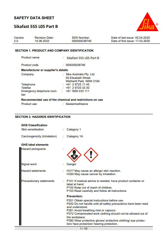 SikaFast-555 L05 Dual Cartridge 250ml  or 50ml - Box of 12
