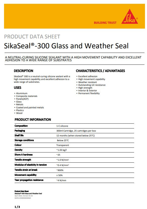 SikaSeal-300 Glass & Weather Seal Transculent 300ml Cartridge- Box of 25