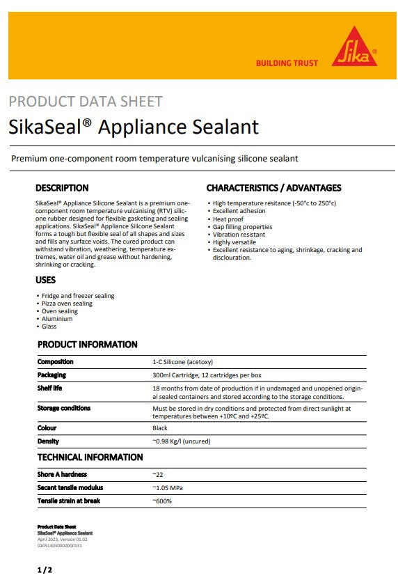 SikaSeal Appliance Sealant Black 300ml Cartridge - Box of 12