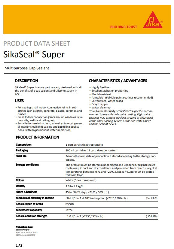 SikaSeal Super 200 Transparent 300ml Cartridge - Box of 12