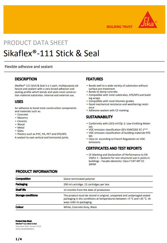 SikaFlex-111 Stick & Seal Black, White or Concrete Grey 290ml Cartridge - Box of 12