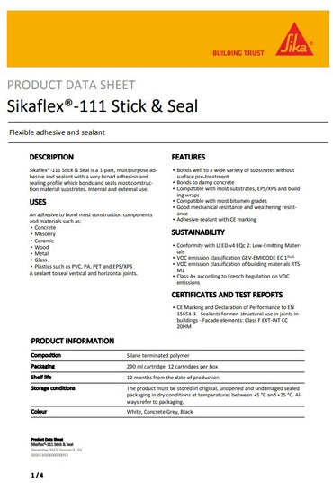 SikaFlex-111 Stick & Seal Black, White or Concrete Grey 290ml Cartridge - Box of 12
