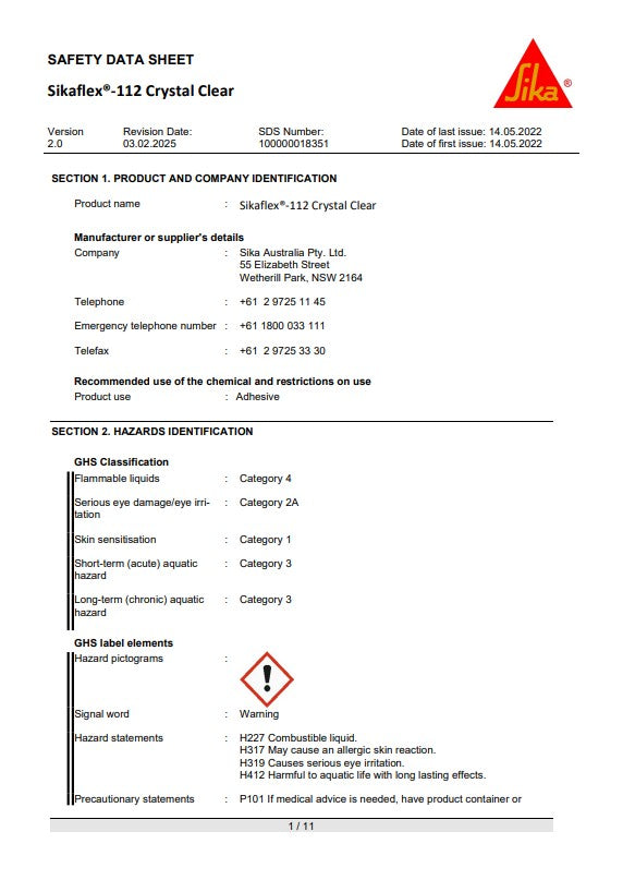 SikaFlex-112 Crystal Clear 290ml Cartridge - Box of 12