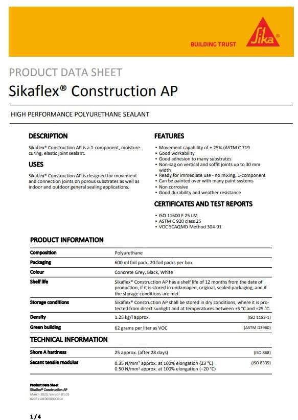 SikaFlex Construction AP Black, Concrete Grey or White 600ml sausage - Box of 20
